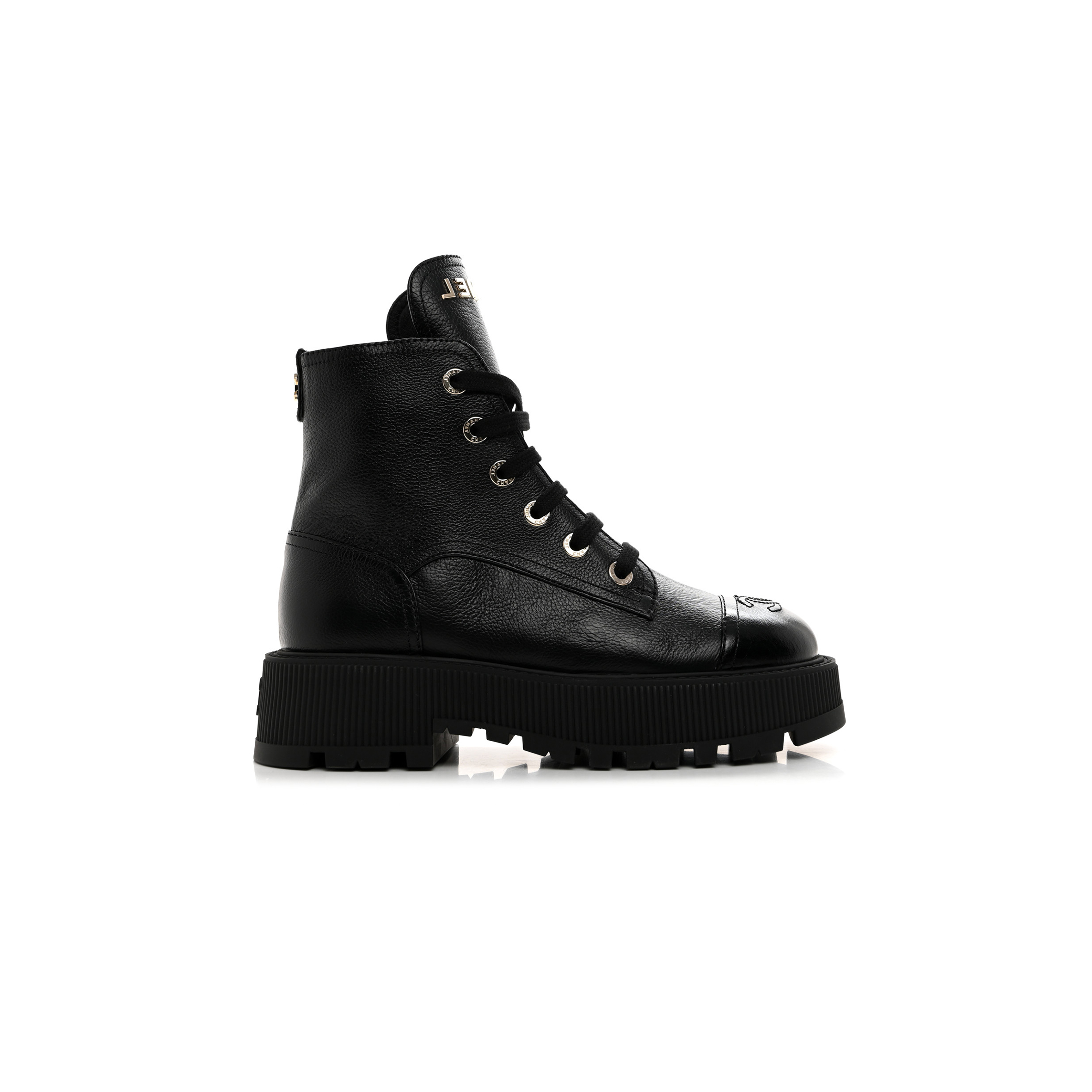 Ch*el grained calfskin shiny calfskin cc lace up combat boots 1437689